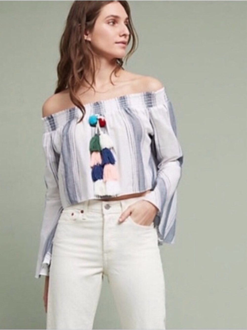 Anthropologie Lilka Playa Off Shoulder Tassel Peasant Top Boho